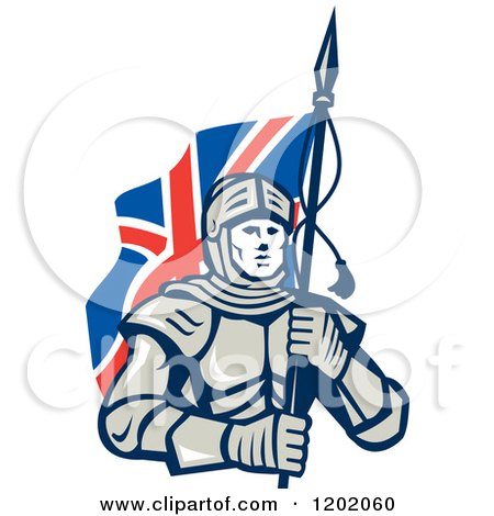 Clipart of a Knight in Metal Armour, Carrying a British Flag - Royalty Free Vector Illustration by patrimonio