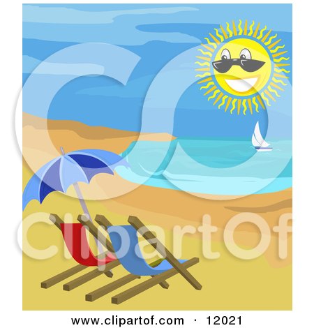 Beach Chairs and Umbrella on the Shore With a View of a Sailboat Clipart Illustration by AtStockIllustration