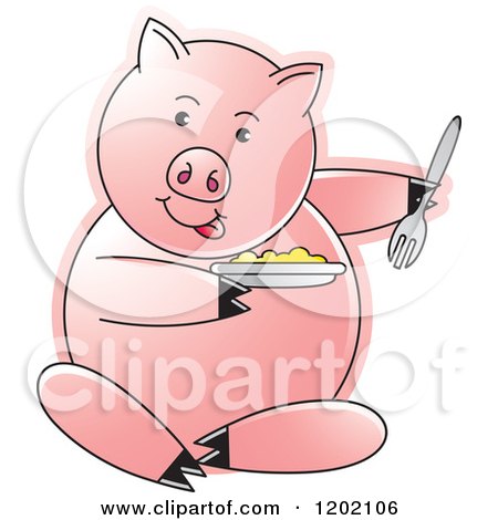 Clipart of a Pig Sitting and Eating - Royalty Free Vector Illustration by Lal Perera