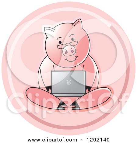 Clipart of a Pink Icon of a Pig Using a Laptop Computer - Royalty Free Vector Illustration by Lal Perera