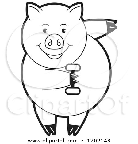 Clipart of a Black and White Fit Pig Exercising with a Dumbbell - Royalty Free Vector Illustration by Lal Perera