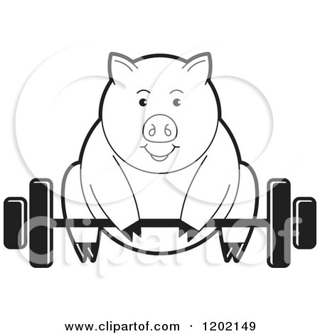 Clipart of a Black and White Fit Pig Exercising and Lifting a Barbell - Royalty Free Vector Illustration by Lal Perera