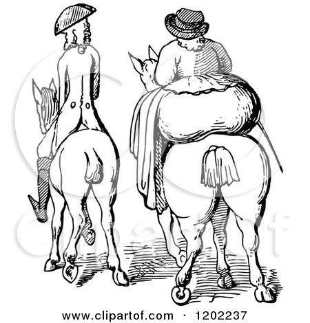Clipart of a Vintage Black and White Rear View of a Skinny Man and Fat Woman on Horses - Royalty Free Vector Illustration by Prawny Vintage