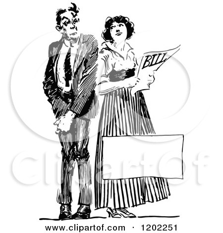 Clipart of a Vintage Black and White Couple Holding a Bill with Copyspace - Royalty Free Vector Illustration by Prawny Vintage