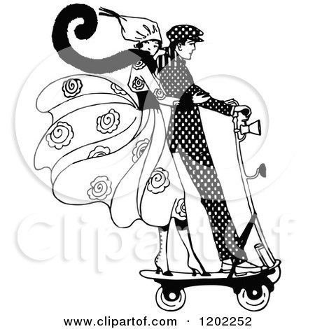 Clipart of a Vintage Black and White Couple on a Scooter - Royalty Free Vector Illustration by Prawny Vintage