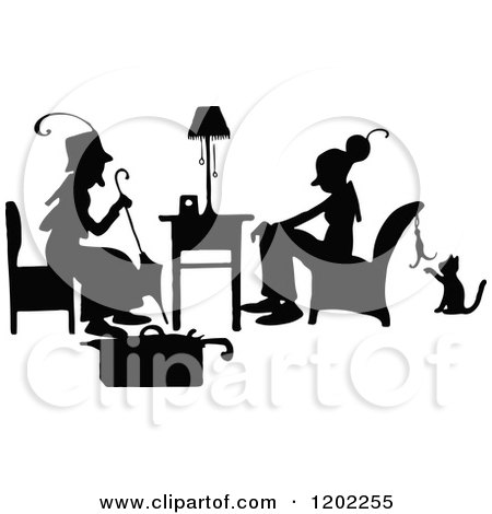 Clipart of Vintage Black and White Silhouetted Ladies Talking - Royalty Free Vector Illustration by Prawny Vintage