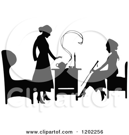 Clipart of Vintage Black and White Silhouetted Ladies Talking over Tea - Royalty Free Vector Illustration by Prawny Vintage