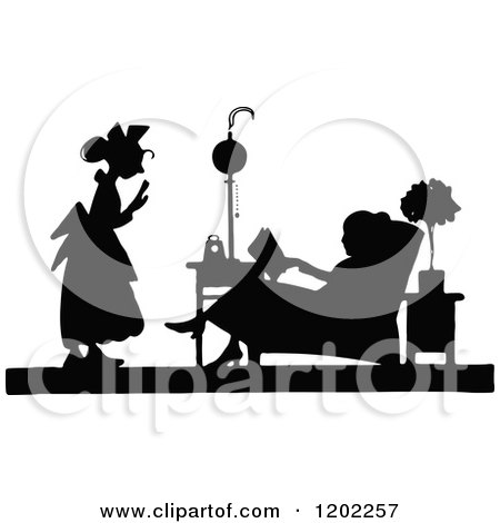 Clipart of a Vintage Black and White Silhouetted Lady and Maid - Royalty Free Vector Illustration by Prawny Vintage