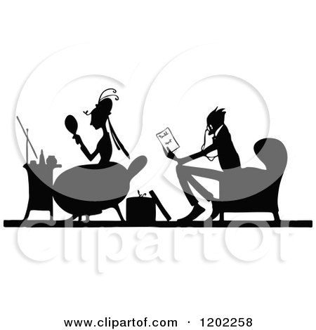 Clipart of a Vintage Black and White Silhouetted Couple Sitting - Royalty Free Vector Illustration by Prawny Vintage