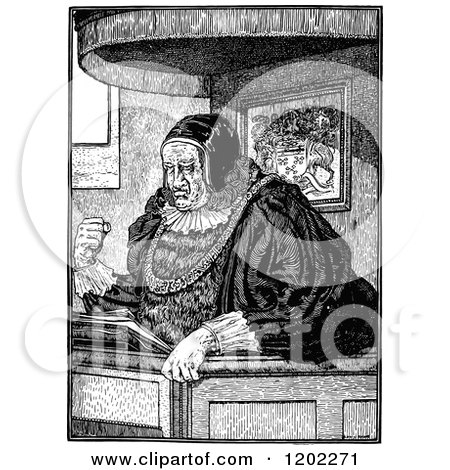 Clipart of Vintage Black and White Pilgrims Progress the Judge - Royalty Free Vector Illustration by Prawny Vintage