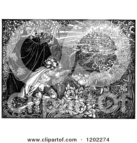 Clipart of Vintage Black and White Pilgrims Progress Celestial City - Royalty Free Vector Illustration by Prawny Vintage