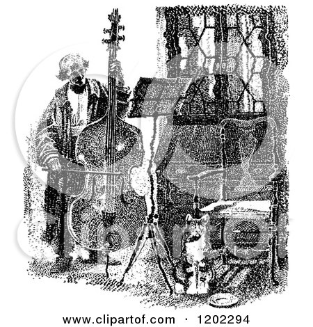Clipart of a Vintage Black and White Bass Player - Royalty Free Vector Illustration by Prawny Vintage