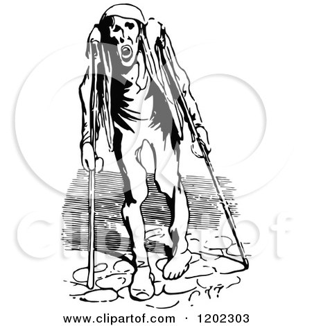 Clipart of a Vintage Black and White Crippled Man with Crutches - Royalty Free Vector Illustration by Prawny Vintage