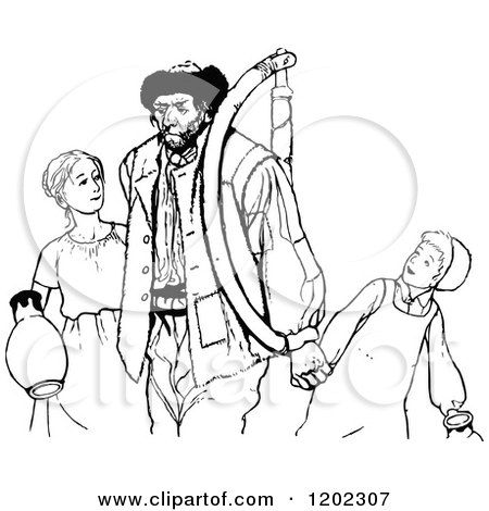 Clipart of a Vintage Black and White Father with Children - Royalty Free Vector Illustration by Prawny Vintage