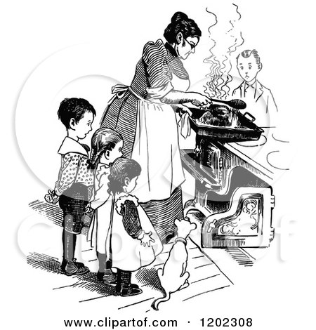 Clipart of a Vintage Black and White Mother and Children Cooking - Royalty Free Vector Illustration by Prawny Vintage