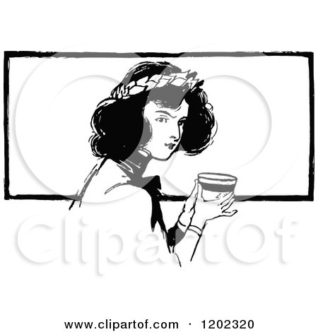 Clipart of a Vintage Black and White Oz Girl with Tea - Royalty Free Vector Illustration by Prawny Vintage