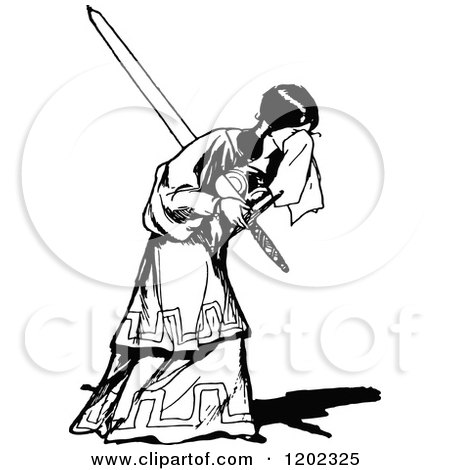 Clipart of a Vintage Black and White Sad Girl Holding a Sword - Royalty Free Vector Illustration by Prawny Vintage