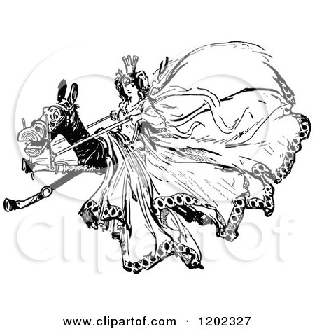 Clipart of a Vintage Black and White Emerald Oz Woman on a Horse - Royalty Free Vector Illustration by Prawny Vintage