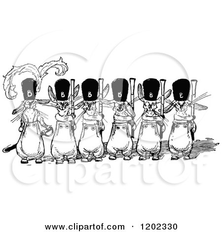 Clipart of a Vintage Black and White Emerald Oz Mice Soldiers - Royalty Free Vector Illustration by Prawny Vintage