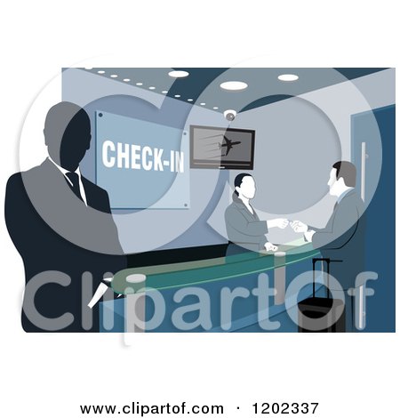 Clipart of Workers and a Man at an Airport Check in Counter - Royalty Free Vector Illustration by David Rey