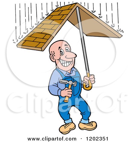 Cartoon of a Happy White Roofer Man Holding a Roof Umbrella Under Raindrops - Royalty Free Vector Clipart by LaffToon