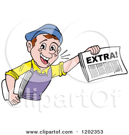Cartoon of a Happy Paper Boy Holding up an Extra Newspaper - Royalty Free Vector Clipart by LaffToon