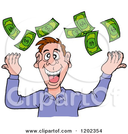 Cartoon of a Happy White Man Throwing Cash Money up into the Air - Royalty Free Vector Clipart by LaffToon