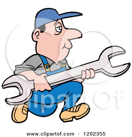 Cartoon of a White Worker Man Running with a Giant Wrench - Royalty Free Vector Clipart by LaffToon