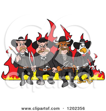 Tough Cow Rooster and Pig Lawmen Walking in Front of Flames with Bbq Tools Posters, Art Prints
