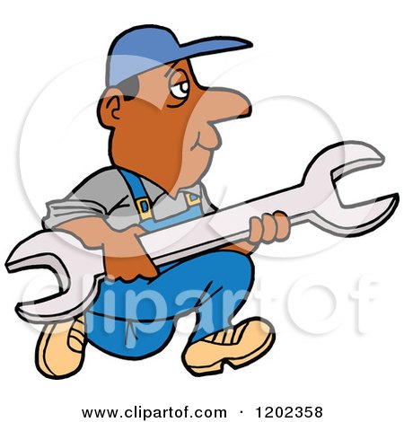 Cartoon of a Black Worker Man Running with a Giant Wrench - Royalty Free Vector Clipart by LaffToon