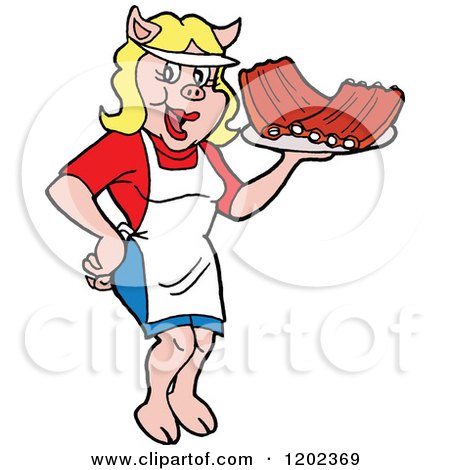 Cartoon of a Happy Pig Waitress Serving Bbq Ribs - Royalty Free Vector Clipart by LaffToon