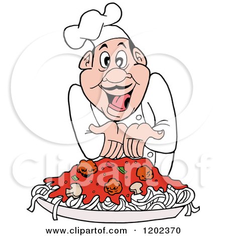 Cartoon of a Excited Chef Presenting Spaghetti and Meatballs - Royalty Free Vector Clipart by LaffToon
