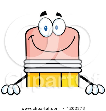 Cartoon of a Happy Pencil Mascot over a Sign - Royalty Free Vector Clipart by Hit Toon