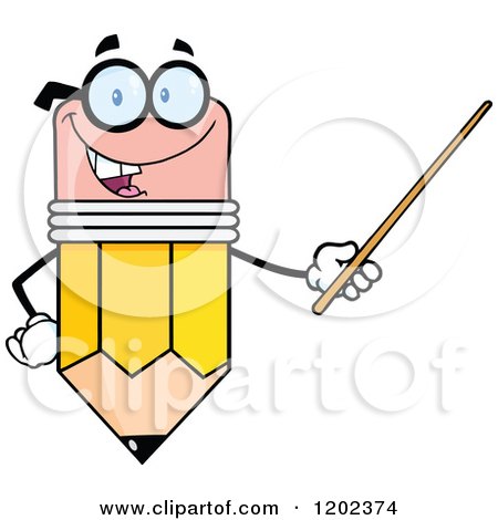 Cartoon of a Happy Pencil Mascot Holding a Pointer Stick - Royalty Free Vector Clipart by Hit Toon