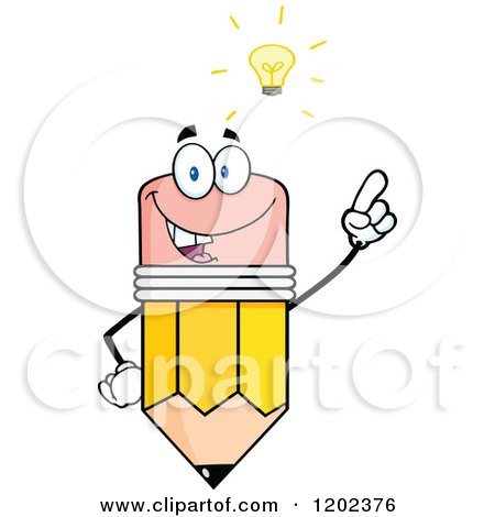 Cartoon of a Pencil Mascot Holding up a Finger Under an Idea Lightbulb - Royalty Free Vector Clipart by Hit Toon