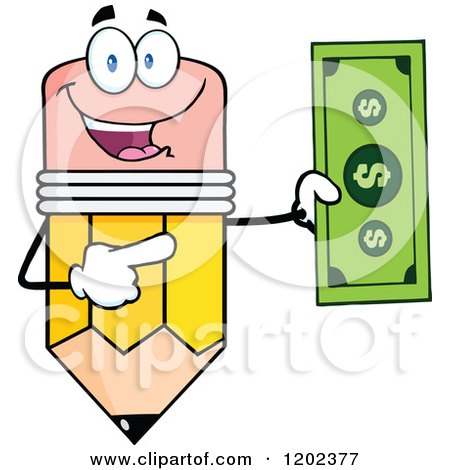Cartoon of a Pencil Mascot Holding and Pointing to a Dollar Bill - Royalty Free Vector Clipart by Hit Toon