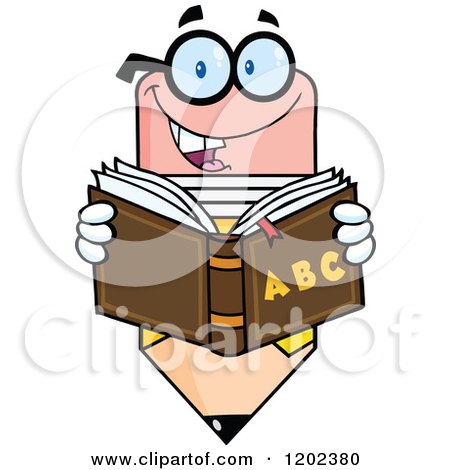Cartoon of a Pencil Teacher Mascot Reading a Book - Royalty Free Vector Clipart by Hit Toon