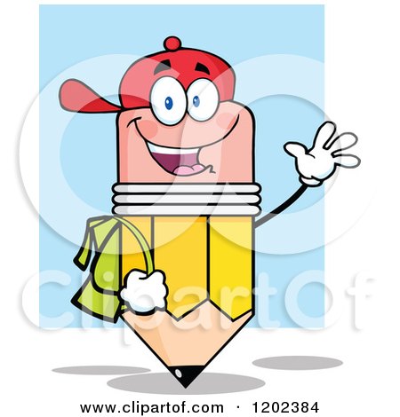 Cartoon of a Happy Pencil Student Mascot Waving over Blue - Royalty Free Vector Clipart by Hit Toon