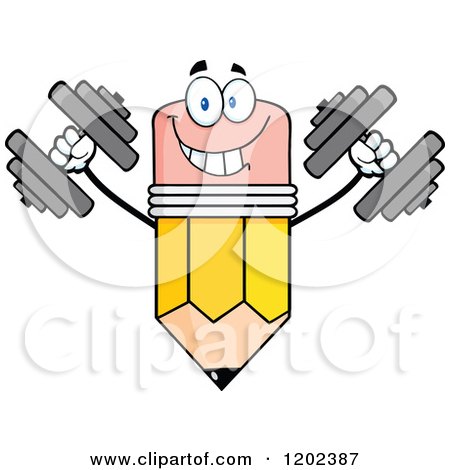 Cartoon of a Strong Pencil Mascot Working out with Dumbbells - Royalty Free Vector Clipart by Hit Toon