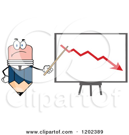 Cartoon of a Business Pencil Mascot Pointing to a down Arrow on a Board - Royalty Free Vector Clipart by Hit Toon