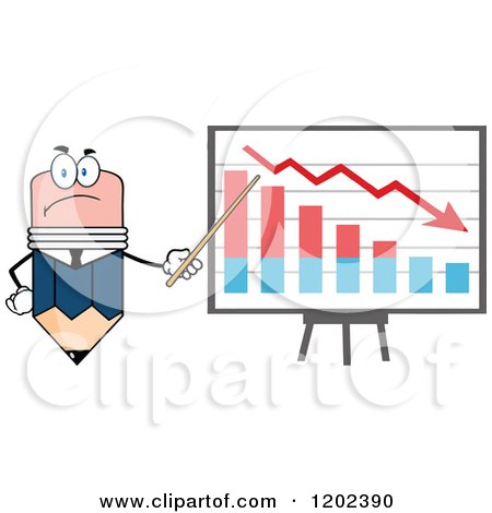 Cartoon of a Business Pencil Mascot Pointing to a Decrease Chart on a Board - Royalty Free Vector Clipart by Hit Toon
