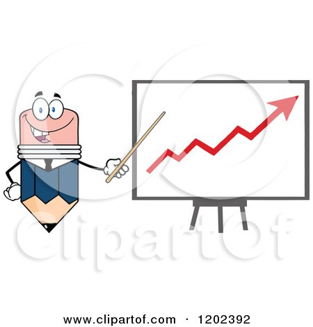 Cartoon of a Business Pencil Mascot Pointing to an Arrow on a Board - Royalty Free Vector Clipart by Hit Toon