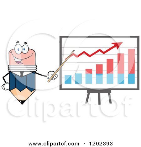 Cartoon of a Business Pencil Mascot Pointing to a Growth Chart on a Board - Royalty Free Vector Clipart by Hit Toon