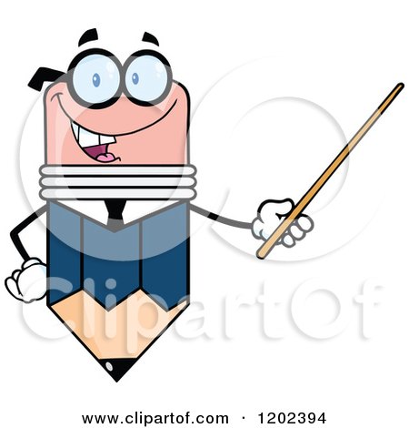 Cartoon of a Business Pencil Mascot Using a Pointer Stick - Royalty Free Vector Clipart by Hit Toon