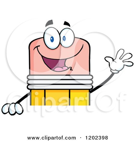 Cartoon of a Waving Pencil Mascot over a Sign - Royalty Free Vector Clipart by Hit Toon