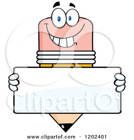 Cartoon of a Happy Pencil Mascot with a Sign Board - Royalty Free Vector Clipart by Hit Toon