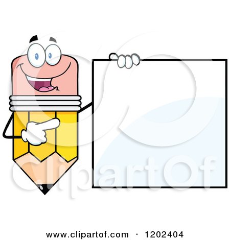 Cartoon of a Happy Pencil Mascot Pointing to a Sign - Royalty Free Vector Clipart by Hit Toon