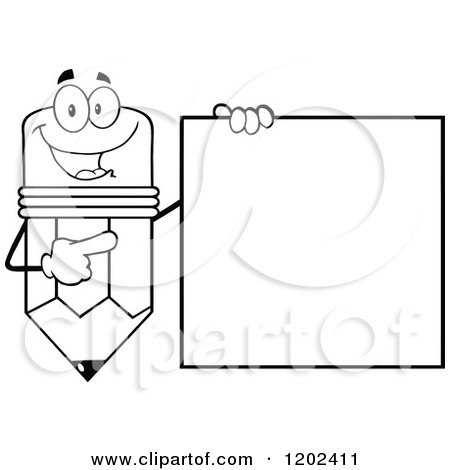 Cartoon of a Black and White Happy Pencil Mascot Pointing to a Sign - Royalty Free Vector Clipart by Hit Toon