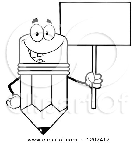 Cartoon of a Black and White Happy Pencil Mascot with a Sign - Royalty Free Vector Clipart by Hit Toon