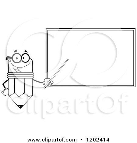 Cartoon of a Black and White Outlined Pencil Teacher Mascot Using a Pointer Stick by a Chalk Board - Royalty Free Vector Clipart by Hit Toon